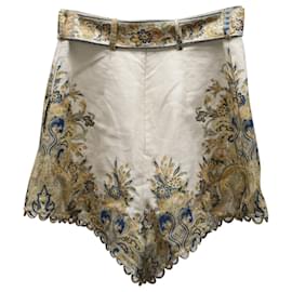 Zimmermann-Zimmermann Belted Paisley-Print Bermuda Shorts in Cream Linen-White,Cream