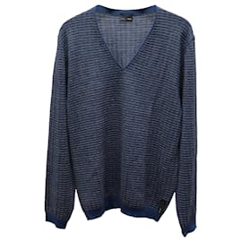 Fendi-Fendi Knitted V-neck Sweater in Blue Wool-Blue