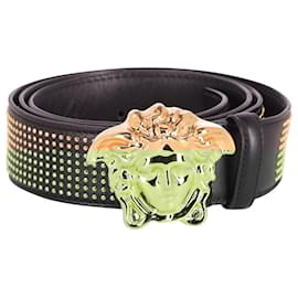 Versace-Cinto cravejado com fivela Medusa Versace em couro preto-Preto