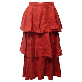 Autre Marque-Johanna Ortiz Tiered Ruffled Skirt in Red Linen-Red