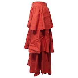 Autre Marque-Johanna Ortiz Tiered Ruffled Skirt in Red Linen-Red