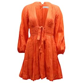 Zimmermann-Zimmermann Plunging Neckline Mini Dress in Orange Linen -Orange