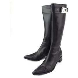 *Dior Boots Schuhe Halb-D-lange Damenstiefel mit Logoplakette Schwarz Silber