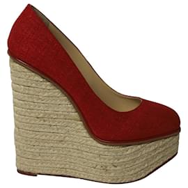 Charlotte Olympia-Charlotte Olympia Carmen Espadrille Platform Wedge Pumps in Red Canvas -Red