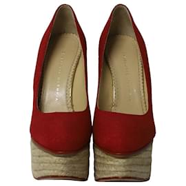 Charlotte Olympia-Charlotte Olympia Carmen Espadrille Platform Wedge Pumps in Red Canvas -Red