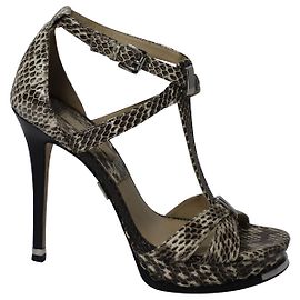 Michael Kors Leandra T-Bar Open Toe Heels in Snakeskin Print Leather Other
