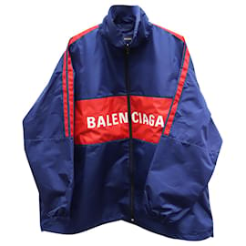 Balenciaga-Balenciaga Windjacke mit Reißverschluss und Logo aus rot/blauem Nylon-Blau