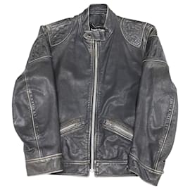 Dolce & Gabbana- Dolce & Gabbana Denim Print Motorcycle Jacket in Black Leather-Black