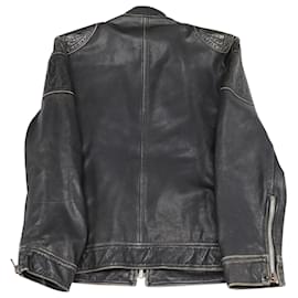 Dolce & Gabbana- Dolce & Gabbana Denim Print Motorcycle Jacket in Black Leather-Black