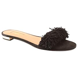 Aquazzura-Aquazzura Wild Thing Fringe Flat Slide Sandals in Black Suede -Black