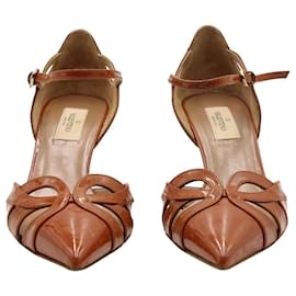 Valentino-Valentino Cut-Out Pumps in Brown Patent Leather-Brown