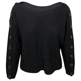 Ba&Sh-Ba&sh Hades Gerippter Pullover mit Knopfdetail aus schwarzer Wolle-Schwarz