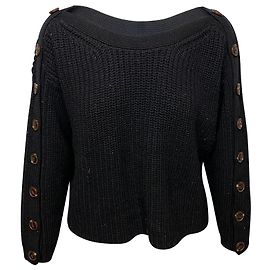 Ba&sh Hades Gerippter Pullover mit Knopfdetail aus schwarzer Wolle Schwarz