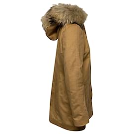 Hugo Boss-Manteau Boss avec capuche bordée de fourrure en laine de chameau jaune-Jaune,Camel