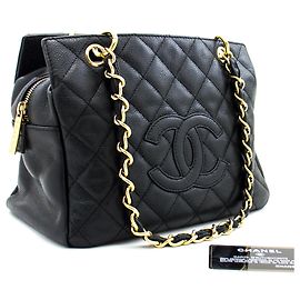 Bolsa de ombro CHANEL com corrente de caviar sacola de compras preta acolchoada Preto