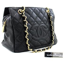 Chanel-CHANEL Borsa a tracolla con catena di caviale Shopping Tote trapuntata nera-Nero