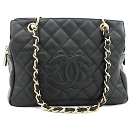 Chanel-CHANEL Caviar Chain Shoulder Bag Shopping Tote Negro Acolchado-Negro