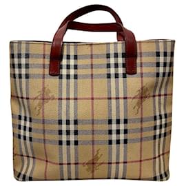 Burberry-Vintage Burberry tote from coated canvas with leather trim and handles-Red,Multiple colors,Beige