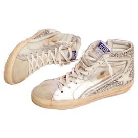 Golden Goose Deluxe Brand-Slide sneakers with laminated leather upper and silver glitter-Silvery