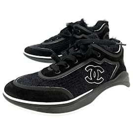 Chanel-NEW CHANEL G SHOES35202 SUEDE TWEED SNEAKERS 36 LOGO CC SUEDE SHOES-Black
