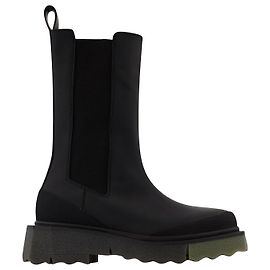Off White Botas Chelsea com Sola Esponja em Couro Preto/Verde Preto