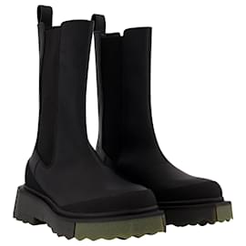 Off White-Sponge Sole High Chelsea Boots in Black/Green Leather-Black