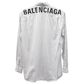 Balenciaga-Balenciaga Back Logo Striped Dress Shirt in White Cotton-White