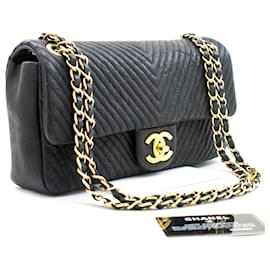 Chanel-Chanel 2015 Bolso de hombro con solapa de cadena y pespunte en V de chevron-Negro