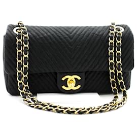 Chanel-Chanel 2015 Bolso de hombro con solapa de cadena y pespunte en V de chevron-Negro