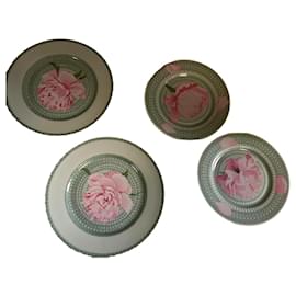 Hermès-4 Porcelain “Les Pivoines” Plates-Pink,Green