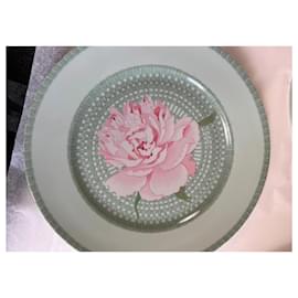 Hermès-4 Porcelain “Les Pivoines” Plates-Pink,Green