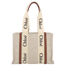 Chloé-Chloe Tote Bag Canvas CHC21US383 E66 White Brown Auth 29531a-Brown,White