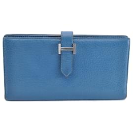 Hermès-HERMES Bean Long Wallet Leather Blue Auth mt026-Blue