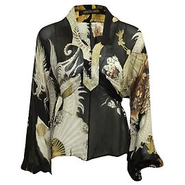 Roberto Cavalli Camisa de Seda Multicolor con Cinturón Otro