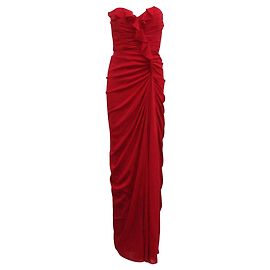 Badgley Mischka Trägerloses langes rotes Kleid mit Rüschen Rot