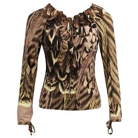 Roberto Cavalli Blusa marrom e rosa com estampa de babados e gravata Marrom