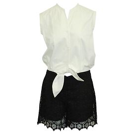 Sandro White Short Sleeved Romper with Black Lace Shorts White