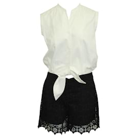 Sandro-White Short Sleeved Romper with Black Lace Shorts-White