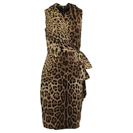 Dolce & Gabbana-Leopard Print Midi Dress with Bow-Brown
