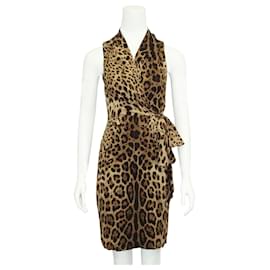 Dolce & Gabbana-Leopard Print Midi Dress with Bow-Brown