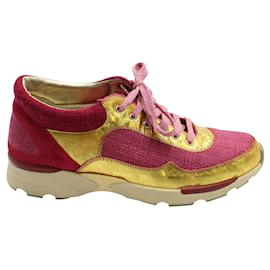 Chanel-Gold & Fushia Pink Tweed Sneakers -Pink