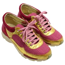 Chanel-Gold & Fushia Pink Tweed Sneakers -Pink