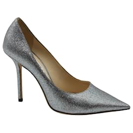 Jimmy Choo-Jimmy Choo 100mm Glitter Love Heels in Silver Leather-Silvery,Metallic