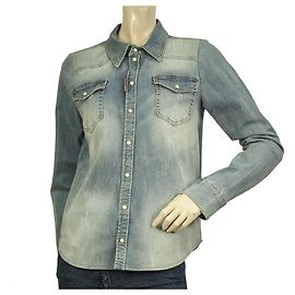 Dsquared2 Dsquared 2  Blue Denim Woman's Snap Button Distressed Look Jeans Shirt XL Blue