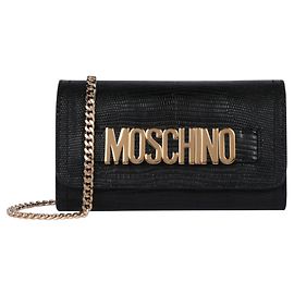 Moschino Embossed Leather Logo Wallet Chain Black