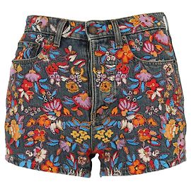 Short jeans com bordado floral Saint Laurent Multicor
