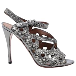 Alaïa-Alaia Studded Strappy High Heels in Silver Leather-Silvery