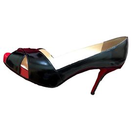 Christian Louboutin Shelly Pumps Black Leather Red Platform 38 Black Red