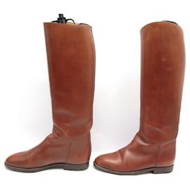 Hermès-HERMES SHOES RIDER BOOTS 37 IN CAMEL LEATHER + BOX LEATHER BOOTS-Caramel