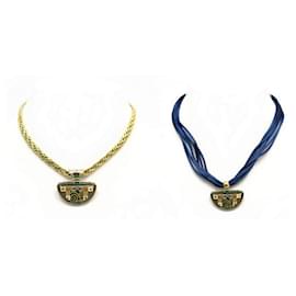 Autre Marque-NEW FREY ENAMEL PENDANT + 2 TWISTED CHAIN & BLUE SATIN CORD NECKLACES-Golden